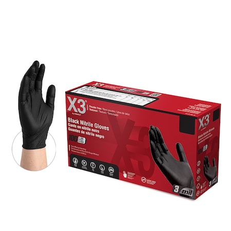 Ammex BX3, Disposable Gloves, 3 mil Palm, Nitrile, Powder-Free, 2XL, 1000 PK, Black BX349100